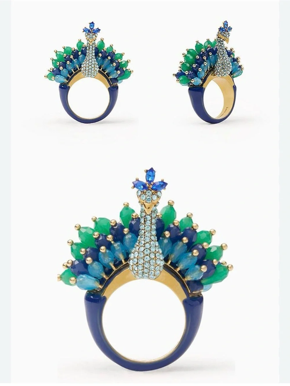 ♠️ Kate Spade Full Plume Peacock Statement Pave Crystals Cocktail Ring - Picture 2 of 12